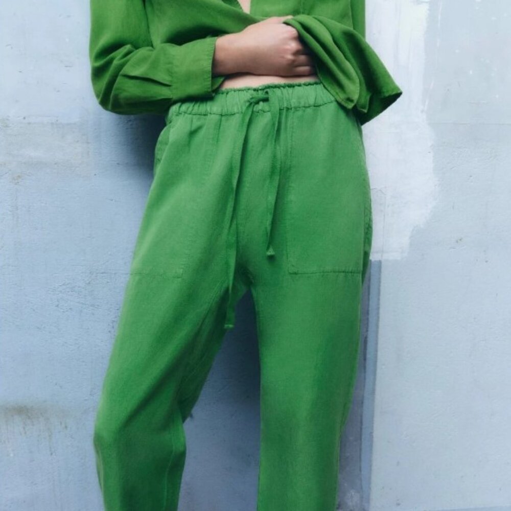 Zara Kelly Green Linen Blend Drawstring Pants - Picture 10 of 10